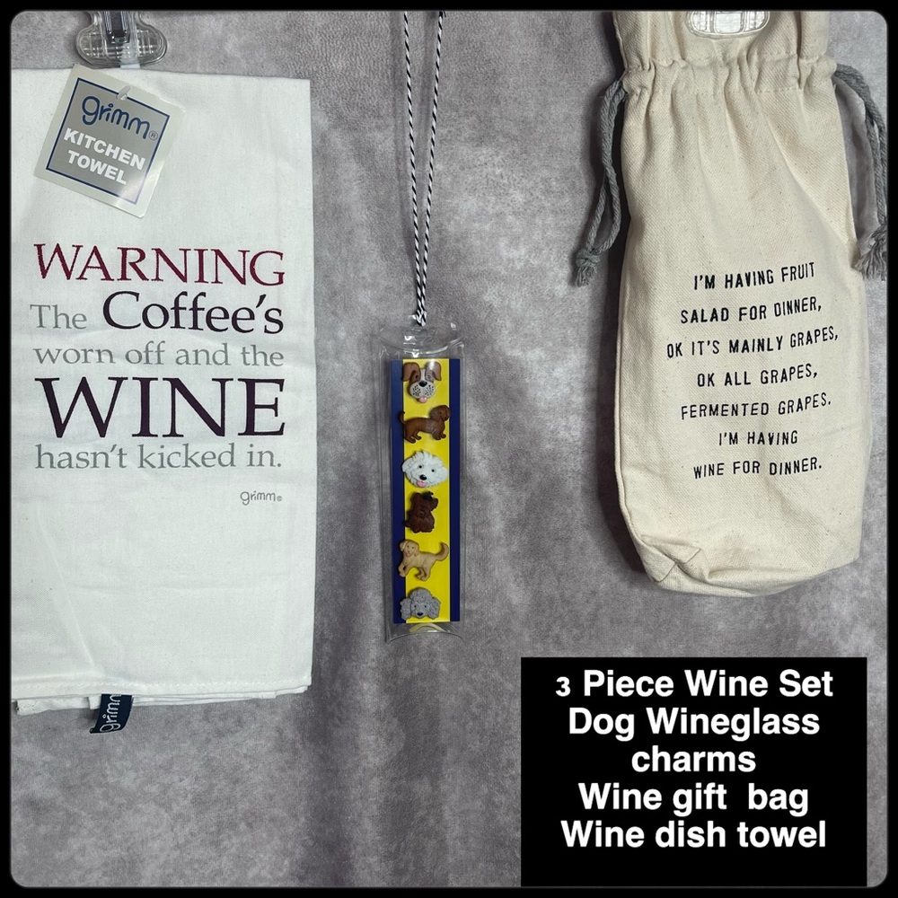 3 Piece Wine Bundle: Dish Towel, Wine Charms, Wine Gift Bag NWT